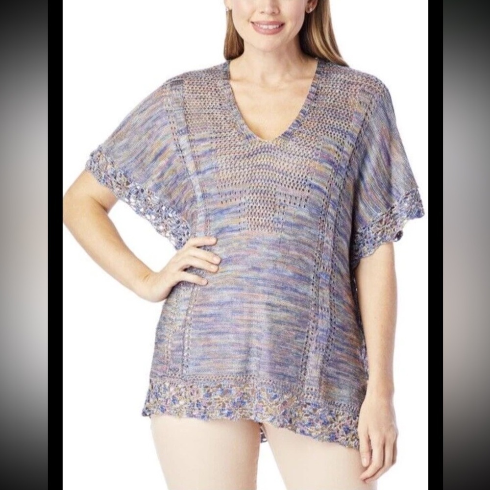 Democracy V-Neck Regular Size S/M Sweater Women's Multicolor Crochet Trim, NEW - Picture 14 of 14